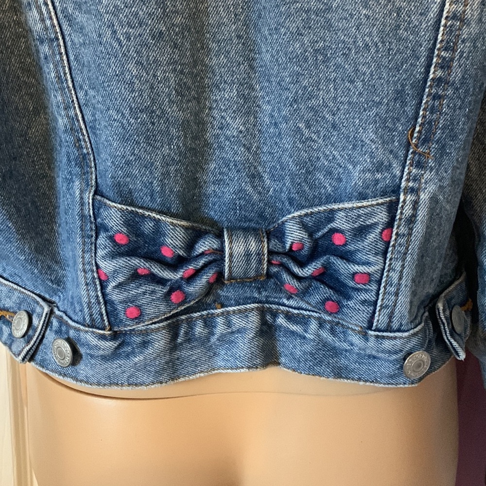 Vtg 80s Jordache denim jean jacket polka dot bows and pockets M